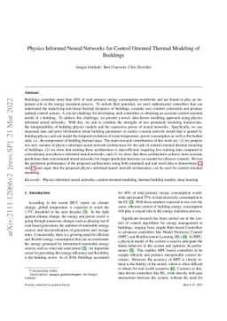 Physics Informed Neural Networks for Control Oriented Thermal Modeling
  of Buildings