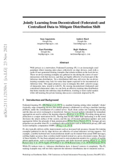 Jointly Learning from Decentralized (Federated) and Centralized Data to
  Mitigate Distribution Shift