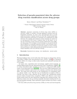 Selection of pseudo-annotated data for adverse drug reaction
  classification across drug groups