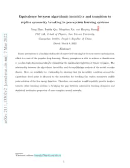 Equivalence between algorithmic instability and transition to replica
  symmetry breaking in perceptron learning systems