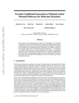 Towards Conditional Generation of Minimal Action Potential Pathways for
  Molecular Dynamics