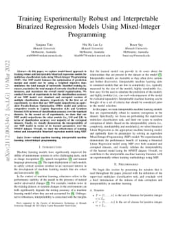 Training Experimentally Robust and Interpretable Binarized Regression
  Models Using Mixed-Integer Programming