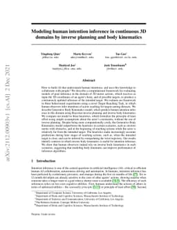 Modeling human intention inference in continuous 3D domains by inverse
  planning and body kinematics