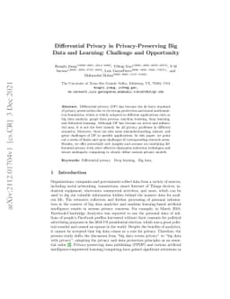 Differential Privacy in Privacy-Preserving Big Data and Learning:
  Challenge and Opportunity
