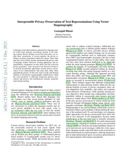 Interpretable Privacy Preservation of Text Representations Using Vector
  Steganography