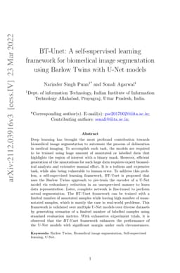 BT-Unet: A self-supervised learning framework for biomedical image
  segmentation using Barlow Twins with U-Net models