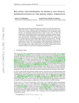 Relating transformers to models and neural representations of the
  hippocampal formation