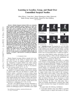 Learning to Localize, Grasp, and Hand Over Unmodified Surgical Needles