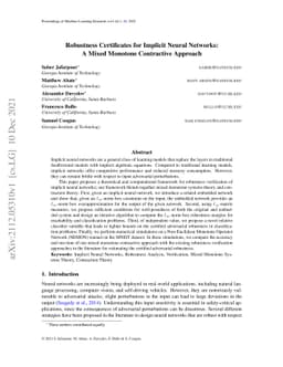 Robustness Certificates for Implicit Neural Networks: A Mixed Monotone
  Contractive Approach