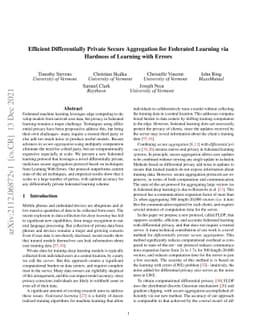 Efficient Differentially Private Secure Aggregation for Federated
  Learning via Hardness of Learning with Errors