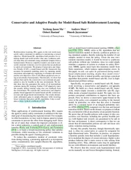 Conservative and Adaptive Penalty for Model-Based Safe Reinforcement
  Learning