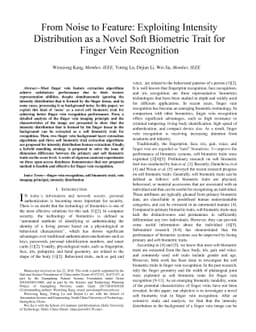 From Noise to Feature: Exploiting Intensity Distribution as a Novel Soft
  Biometric Trait for Finger Vein Recognition
