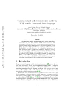 Training dataset and dictionary sizes matter in BERT models: the case of
  Baltic languages