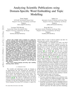 Analyzing Scientific Publications using Domain-Specific Word Embedding
  and Topic Modelling