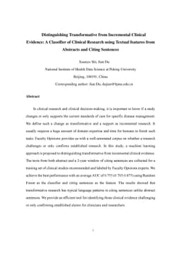 Distinguishing Transformative from Incremental Clinical Evidence: A
  Classifier of Clinical Research using Textual features from Abstracts and
  Citing Sentences
