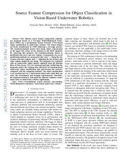 Source Feature Compression for Object Classification in Vision-Based
  Underwater Robotics