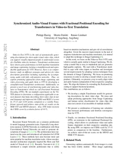 Synchronized Audio-Visual Frames with Fractional Positional Encoding for
  Transformers in Video-to-Text Translation