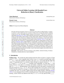 Universal Online Learning with Bounded Loss: Reduction to Binary
  Classification
