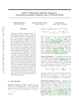 Faster Unbalanced Optimal Transport: Translation invariant Sinkhorn and
  1-D Frank-Wolfe