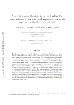 An application of the splitting-up method for the computation of a
  neural network representation for the solution for the filtering equations