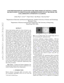 Unsupervised Domain Adaptation for Cross-Modality Retinal Vessel
  Segmentation via Disentangling Representation Style Transfer and
  Collaborative Consistency Learning