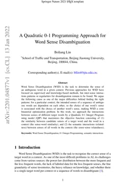 A Quadratic 0-1 Programming Approach for Word Sense Disambiguation