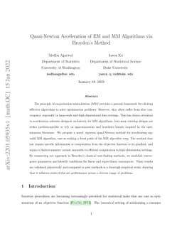 Quasi-Newton acceleration of EM and MM algorithms via Broyden$'$s method