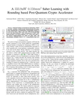 A 333.9uW 0.158mm$^2$ Saber Learning with Rounding based Post-Quantum
  Crypto Accelerator