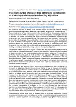 Potential sources of dataset bias complicate investigation of
  underdiagnosis by machine learning algorithms