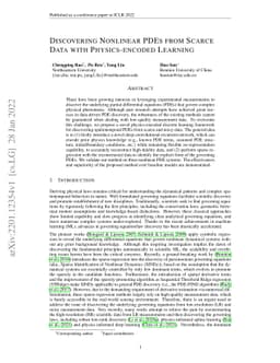 Discovering Nonlinear PDEs from Scarce Data with Physics-encoded
  Learning