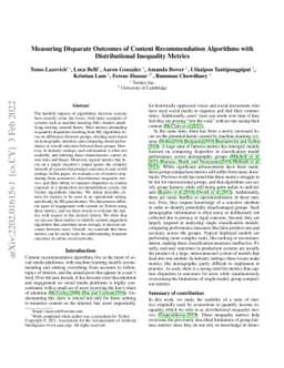 Measuring Disparate Outcomes of Content Recommendation Algorithms with
  Distributional Inequality Metrics