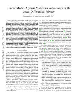 Linear Model Against Malicious Adversaries with Local Differential
  Privacy