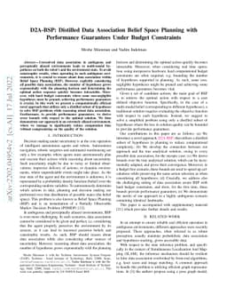 D2A-BSP: Distilled Data Association Belief Space Planning with
  Performance Guarantees Under Budget Constraints
