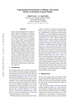 Using Random Perturbations to Mitigate Adversarial Attacks on Sentiment
  Analysis Models