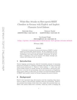 White-Box Attacks on Hate-speech BERT Classifiers in German with
  Explicit and Implicit Character Level Defense