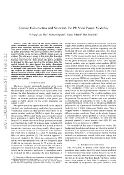 Feature Construction and Selection for PV Solar Power Modeling