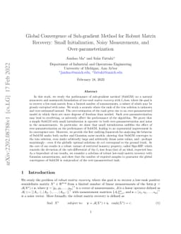 Global Convergence of Sub-gradient Method for Robust Matrix Recovery:
  Small Initialization, Noisy Measurements, and Over-parameterization