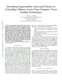 Developing Imperceptible Adversarial Patches to Camouflage Military
  Assets From Computer Vision Enabled Technologies