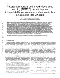 Adversarially-regularized mixed effects deep learning (ARMED) models for
  improved interpretability, performance, and generalization on clustered data