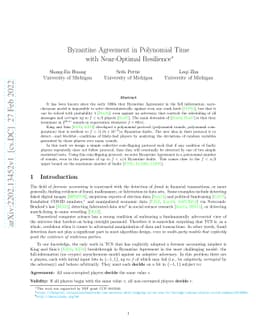 Byzantine Agreement in Polynomial Time with Near-Optimal Resilience