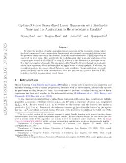 Optimal Online Generalized Linear Regression with Stochastic Noise and
  Its Application to Heteroscedastic Bandits