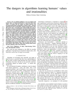The dangers in algorithms learning humans' values and irrationalities