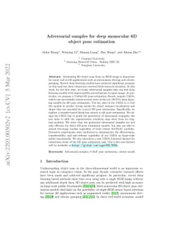 Adversarial samples for deep monocular 6D object pose estimation