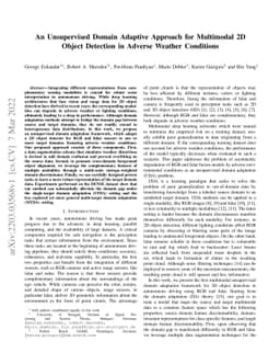 An Unsupervised Domain Adaptive Approach for Multimodal 2D Object
  Detection in Adverse Weather Conditions