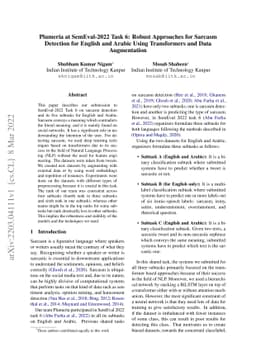 Plumeria at SemEval-2022 Task 6: Robust Approaches for Sarcasm Detection
  for English and Arabic Using Transformers and Data Augmentation