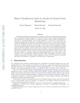 Binary Classification Under $\ell_0$ Attacks for General Noise
  Distribution