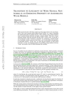 Transition to Linearity of Wide Neural Networks is an Emerging Property
  of Assembling Weak Models