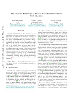 Block-Sparse Adversarial Attack to Fool Transformer-Based Text
  Classifiers