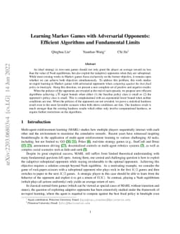 Learning Markov Games with Adversarial Opponents: Efficient Algorithms
  and Fundamental Limits