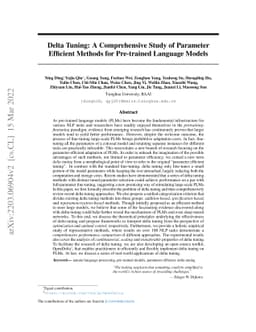 Delta Tuning: A Comprehensive Study of Parameter Efficient Methods for
  Pre-trained Language Models